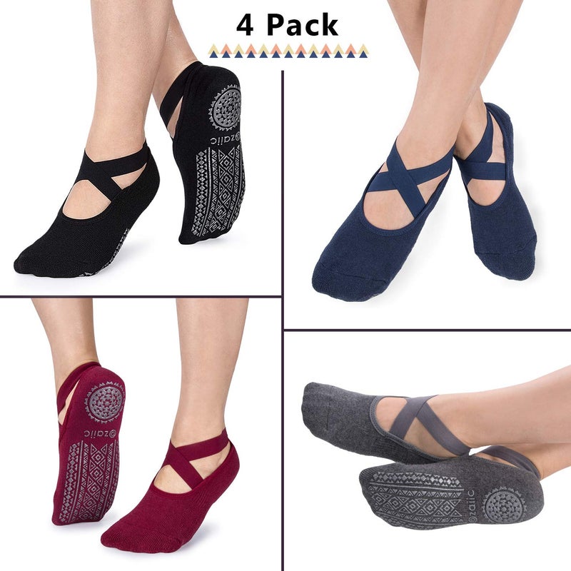 Ozaiic Pilates Socks for Women Non Slip Grip, Yoga Socks with Grippers for Barre, Hospital, Ballet, Dance, Barefoot Workout (4 Pairs - Black/Navy/D.gray/Burgundy) - Image 2